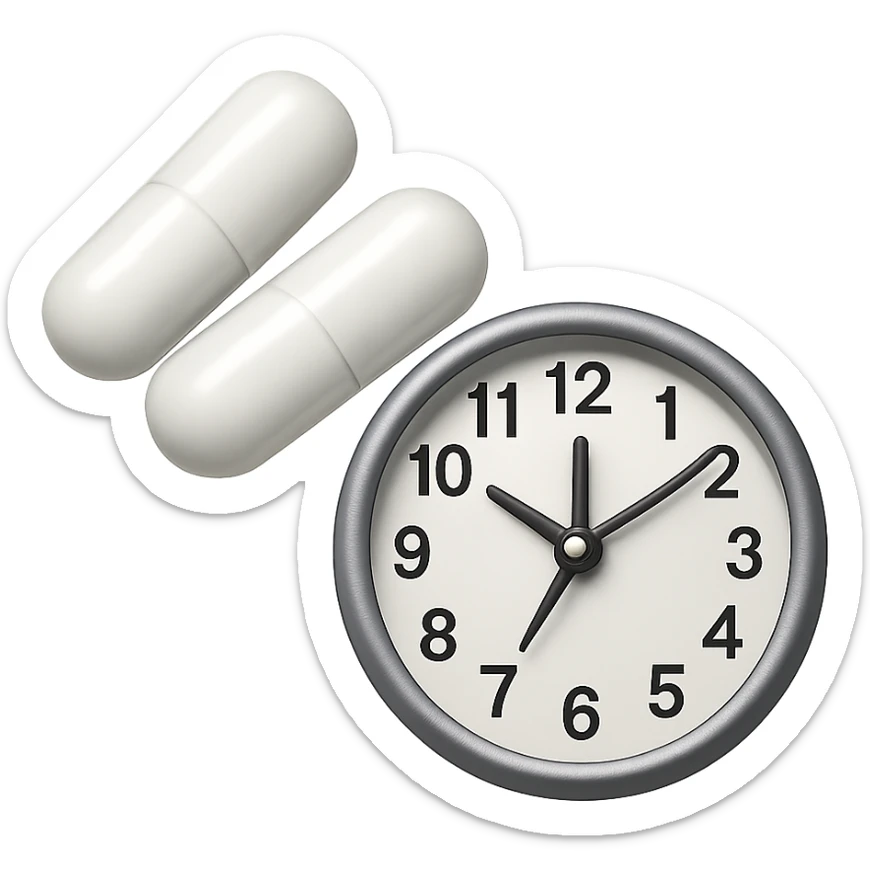 DUE BOCCETTE DI INTEGRATORI BIANCHE FLUTTUANO IN ARIA INSIEME AD UN OROLOGIO DA MURO IN STILE EMOJI IPHONE, IPERREALISTICA 4K sticker