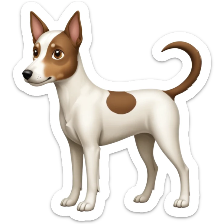 a full body large white floppy eared parson russell looking dog the size of a kelpie with light brown ears and a light brown patch on one eye and a large snout sticker