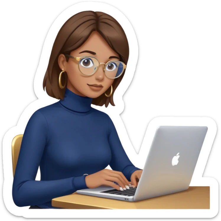 Woman with brown hair wearing navy blue turtleneck, gold hoops and blue screen glasses typing on laptop sticker