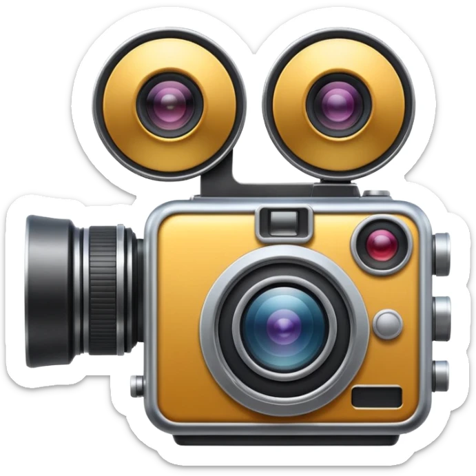 Minimal emoji icon of a huge cinematic metalic camera, front view, simple shapes, realistic lens,  sticker