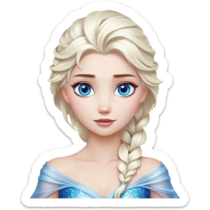Cinematic Realistic Elsa Portrait, depicted with lifelike skin texture, soft natural lighting, and intricately detailed platinum blonde hair styled elegantly. Her striking, expressive blue eyes exude confidence and grace, complemented by a serene and regal expression. She is dressed in her signature icy attire, with shimmering fabric textures and delicate folds that catch the light beautifully. The portrait features a soft, enchanting glow with a cool, radiant finish, capturing the essence of timeless elegance in a realistic and painterly style, evoking a sense of depth and authenticity. sticker