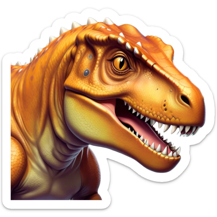 Beautiful and Majestic T-rex Portrait Emoji, Head and body resting peacefully with a serene, confident expression, showcasing its colossal, muscular form and a subtle, regal glint in its eyes, Simplified yet exquisitely endearing features, highly detailed, glowing with a soft, drowsy prehistoric light, high shine, relaxed and utterly majestic, stylized with an air of ancient splendor, soft glowing outline, capturing the essence of a beautiful and majestic T-rex that feels destined to become the next viral icon of awe-inspiring dinosaur beauty! sticker