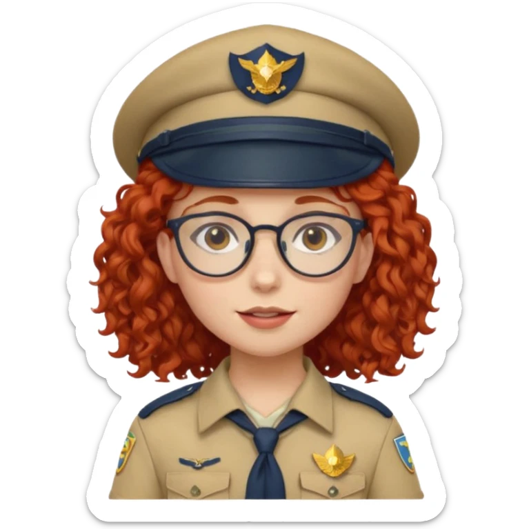 scout girl with red curly hair and uniform and hat and glassess sticker