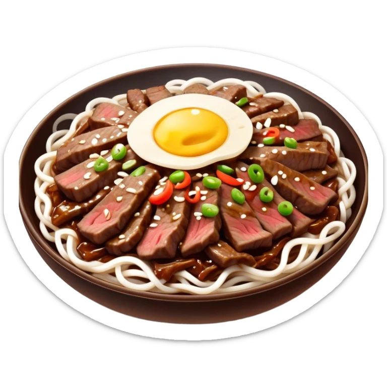 Bulgogi Cinematic Realistic Bulgogi Dish Emoji, depicted as thinly sliced, marinated beef stir-fried to perfection, rendered with dynamic textures and vibrant, appetizing lighting. sticker