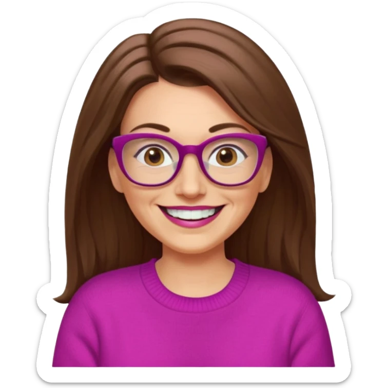 50 yr Caucasian woman, long brown hair parted on side, brown eyes, glasses, big smile, white teeth, fuscia sweater sticker