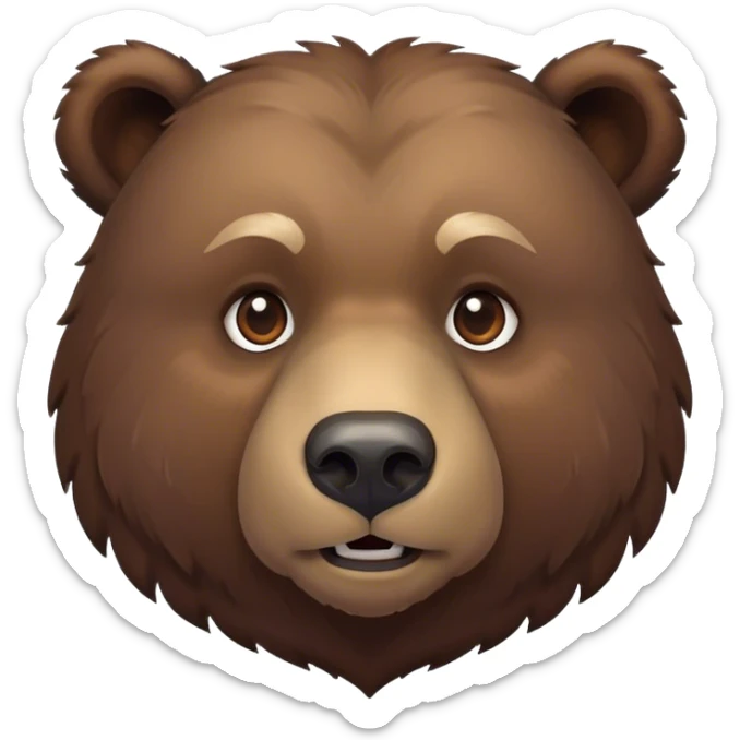 Cinematic Noble Grizzly Bear Portrait Emoji, Poised and regal, with a massive, powerful build and a thick, rugged deep brown fur, piercing deep-set soulful eyes, Simplified yet sharp and sophisticated features, highly detailed, glowing with a soft, dignified glow, high shine, intelligent and formidable, stylized with an air of untamed wilderness, focused and attentive, soft glowing outline, capturing the essence of a watchful and commanding guardian, so majestic it feels as though it could lumber out of the screen with effortless authority! sticker