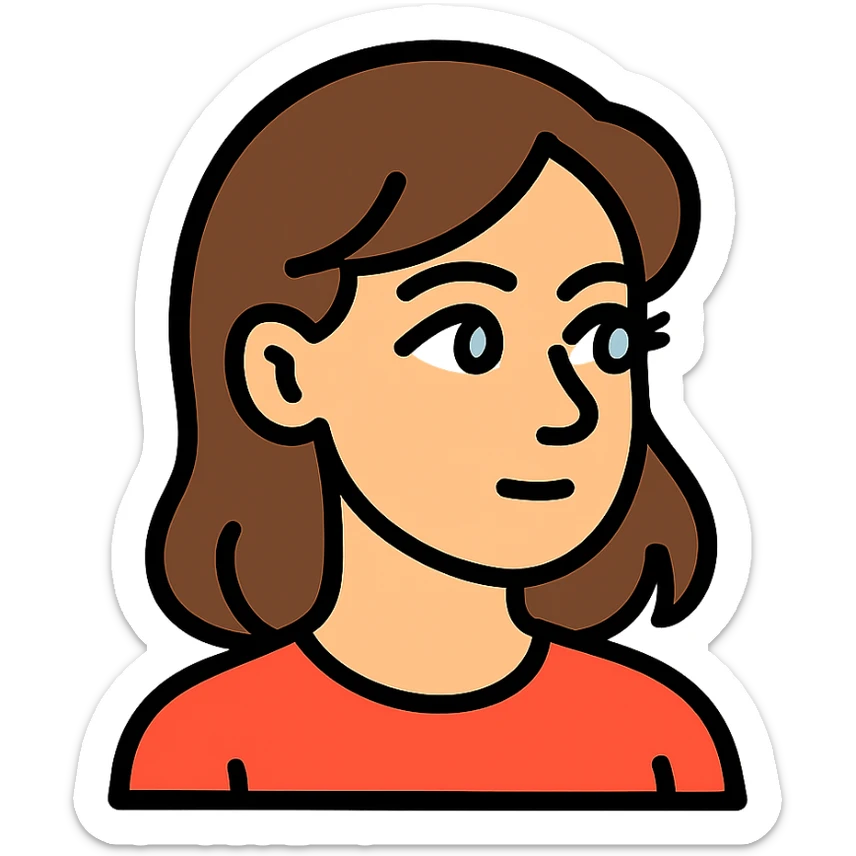 An icon-style emoji of a brunette girl with medium, slightly wavy hair, normal skin tone, a button nose, beautiful blue eyes with eyelashes, looking to the side. sticker
