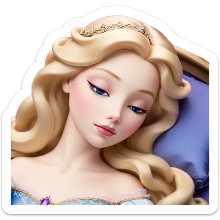 Cinematic Realistic Sleeping Beauty (Aurora) Portrait, with porcelain-like skin featuring a natural rosy flush, illuminated by soft lighting that highlights the gentle contours of her face. Her golden blonde hair flows in soft, detailed waves with subtle highlights that shimmer in the light. Her deep violet-blue eyes radiate warmth and innocence, framed by arched brows and long lashes. Her serene expression exudes quiet elegance. She is dressed in her classic pink gown, the fabric rich in texture with delicate folds that catch the light. A golden crown rests atop her head, gleaming with royal refinement. The portrait captures a soft, glowing aura, blending realism with an ethereal sense of beauty and timeless enchantment. sticker