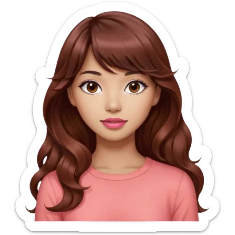 gorgeous woman, light tan skin, dark brown eyes, very long wavy auburn hair, bangs, pink top, coral lipstick, cool, model, mixed asian and latina sticker