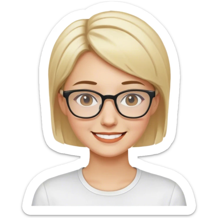 Mujer sonriendo con camisa blanca, color de cabello rubio, cabello corto, color de piel blanca, con gafas sticker