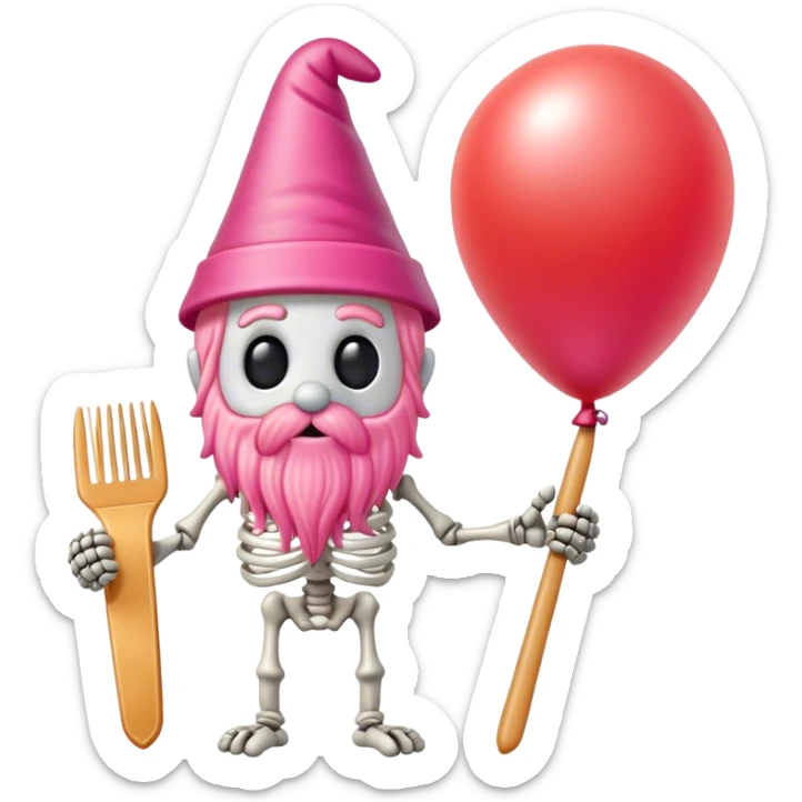 Gnome foam, pink comb skeleton made out of comb dog, balloon, tomato, spy spaghetti with piece socrateson Mountain ski ￼ sticker