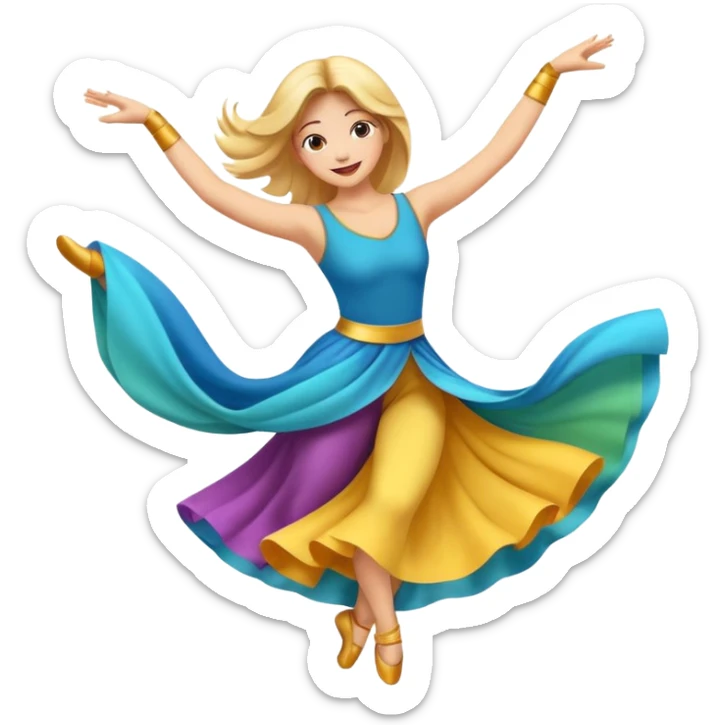 Emoji estilo ilustración de una mujer practicando danza aérea en tela, sus manos en la tela de seda, expresión feliz, estilo emoji moderno, colores suaves, fondo simple sticker