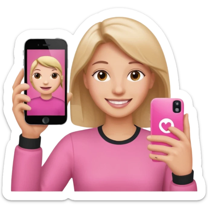 pink video call between one person holding the phone with a person on the phone screen sticker