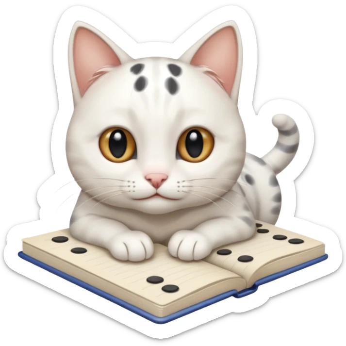  gatita blanca con manchas negras en los ojos feliz en viendo una libreta anillada  sticker