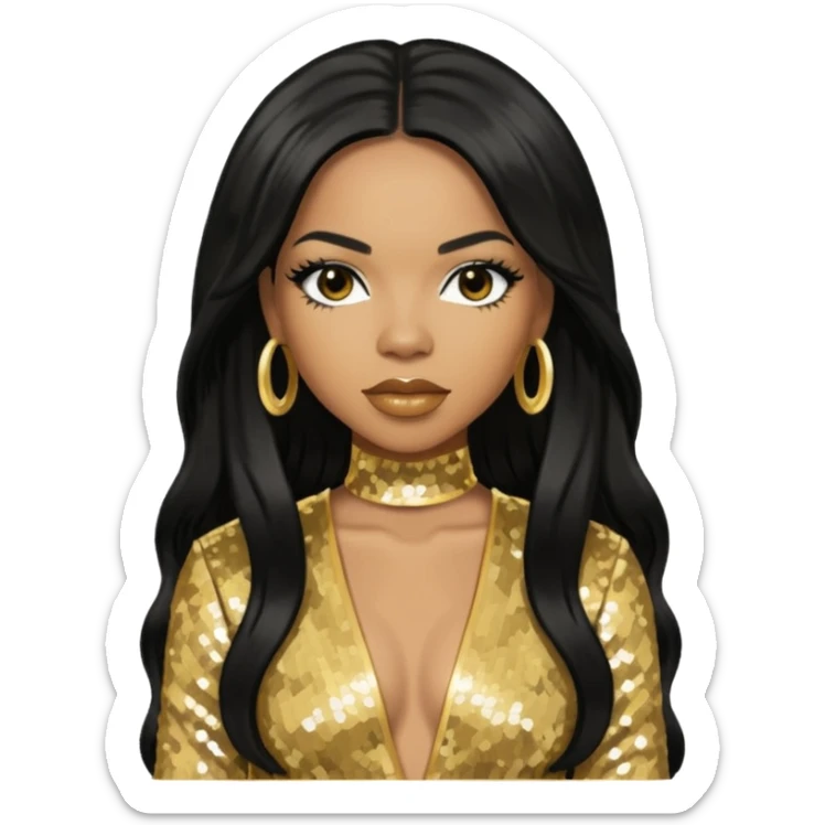 Tenitra Michelle Williams, R&B Singer from Destiny's Child with long black hair, gold sequin outfit, medium dark skin sticker