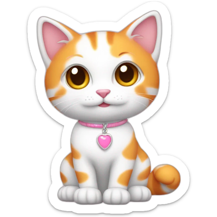 full body white orange cat cute with a small brown eyes and a paw pink necklace sticker
