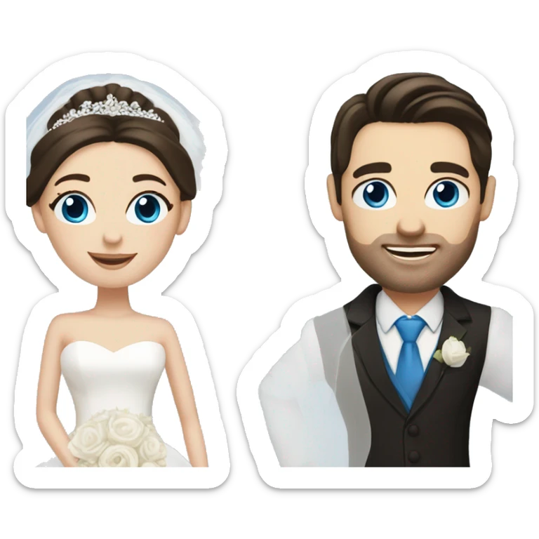 Bride with pale skin, dark brown hair & blue eyes standing with Groom with dark brown hair sticker