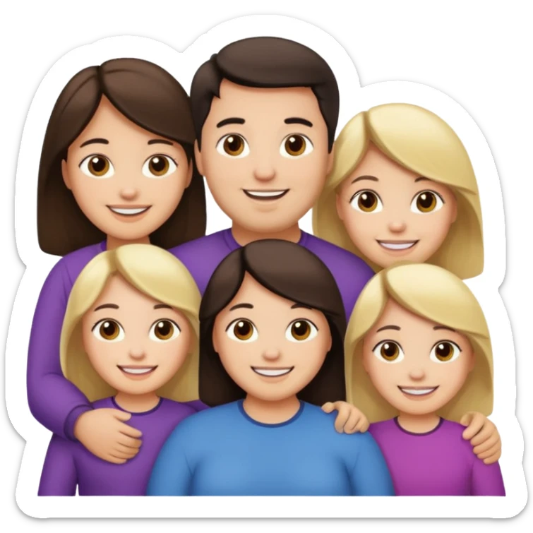 Familia de 4 personas sonriendo: Hombre gordito pelo oscuro, Mujer pelo cafe, hija 1 pelo mono e hija 2 pelo oscuro. sticker