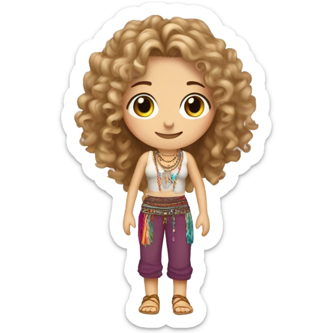 Caucasian hippie girl with curly dirty blonde hair, hazel eyes, baggy colorful pants and a tank top, lots of bohemian bracelets and jewelry sticker