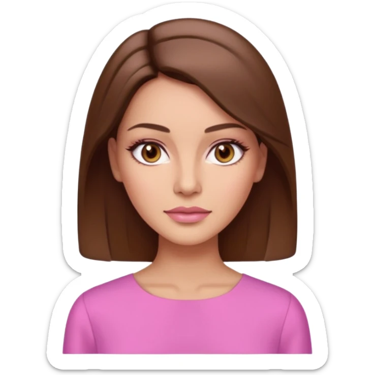create an emoji of an adult woman with botox, with a square cut with a middle part and brown hair, light skin, brown eyes and an elegant pink blouse sticker
