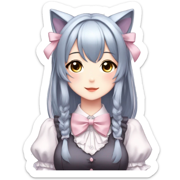 Gorgeous anime style catgirl with blushing face with maid outfit bow tie idol model kawaiicore pearly petite simplistic aesthetic trending style sticker