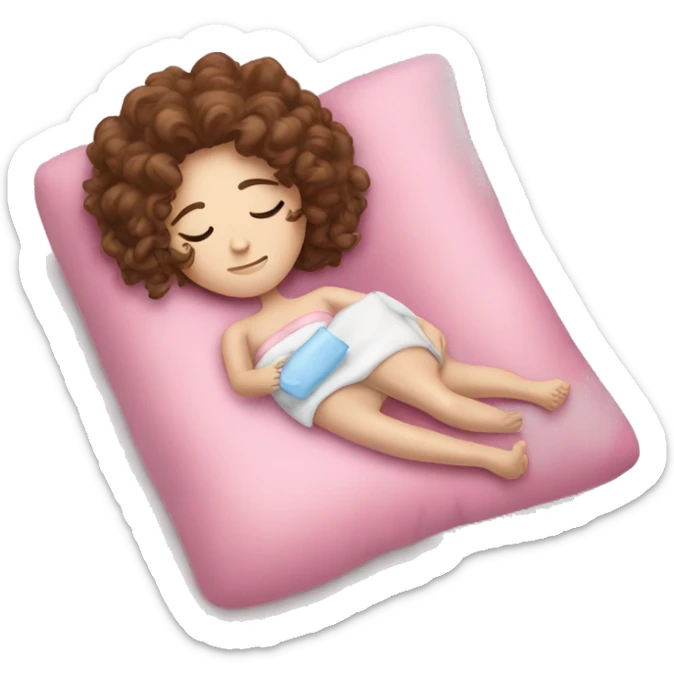 Sleepy girl laying on pink pillow with brown curly hair pale skin  holding and a ice pack sticker