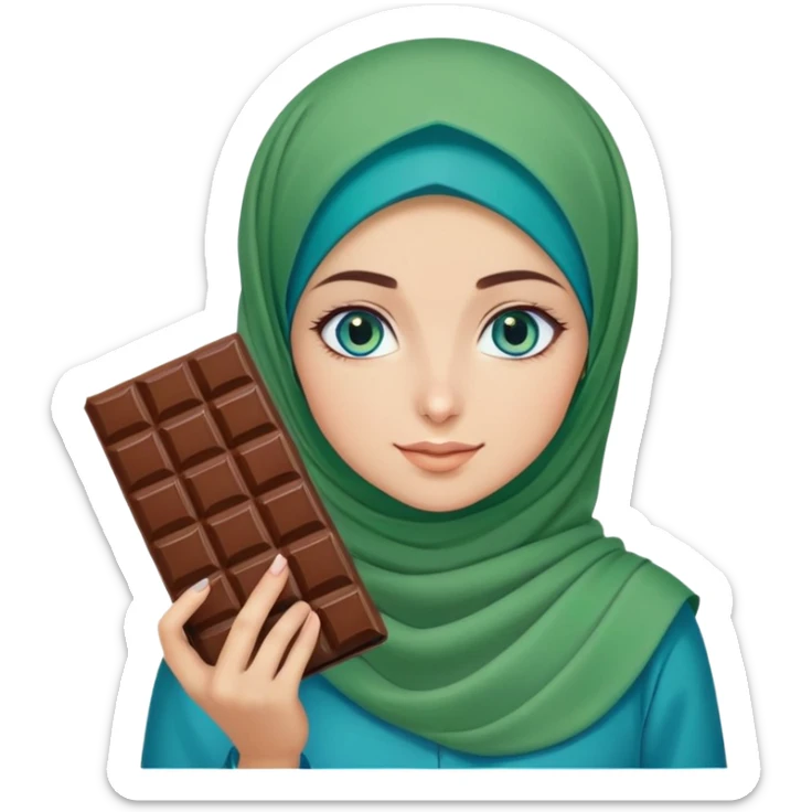 Turkish beautiful finish Konya girl blue eyes with green and blue hijab islamic dress and had on her hand Dubai chocolate  sticker