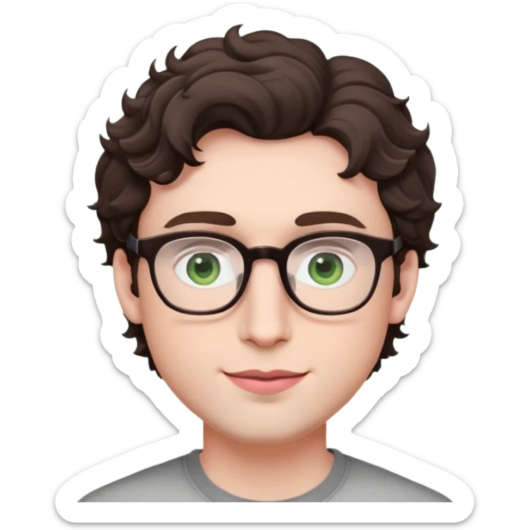 Young man with dark brown slightly wavy poofy hair (just a bit of curl, not too curly), green eyes wearing glasses, wide face with eyes set apart, bigger ears, very pale skin, slightly bigger nose, fuller darker pink lips with a smile, and very light stubble sticker