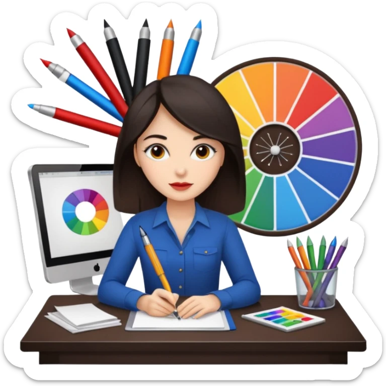 female dark hair graphic designer , color wheel, pens, papers , desktop sticker