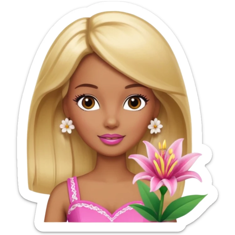 Brown skin blonde hair Barbie with flower Lilly in hair  sticker