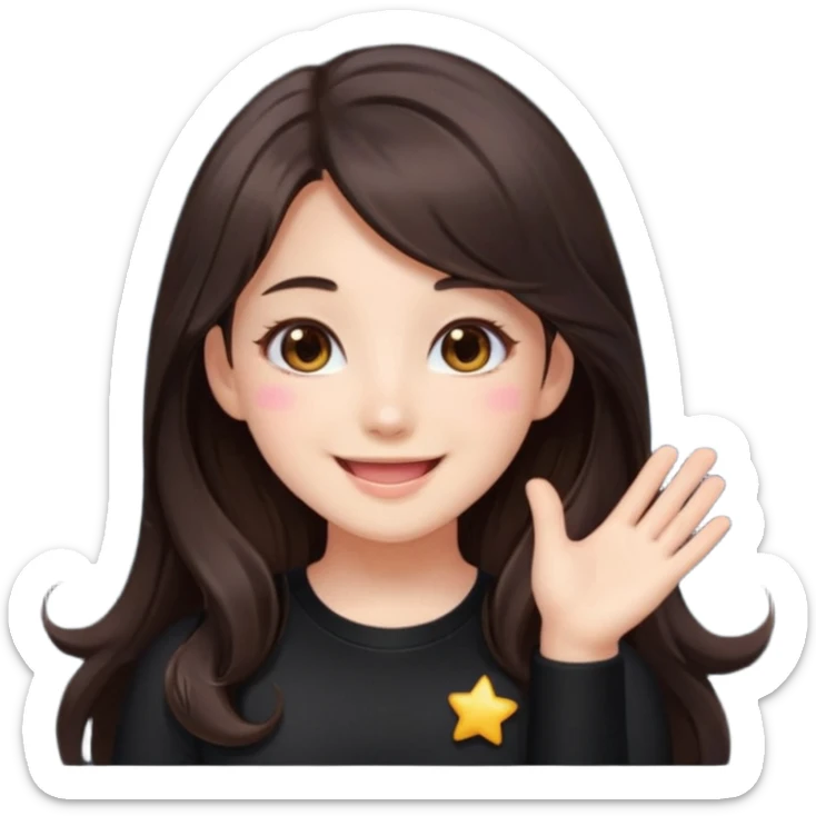 kawaii streamer girl, brunette, brown eyes, long dark hair, black outfit, smiling, sparkling eyes, blushing cheeks, happy expression, small stars around, emoji icon sticker
