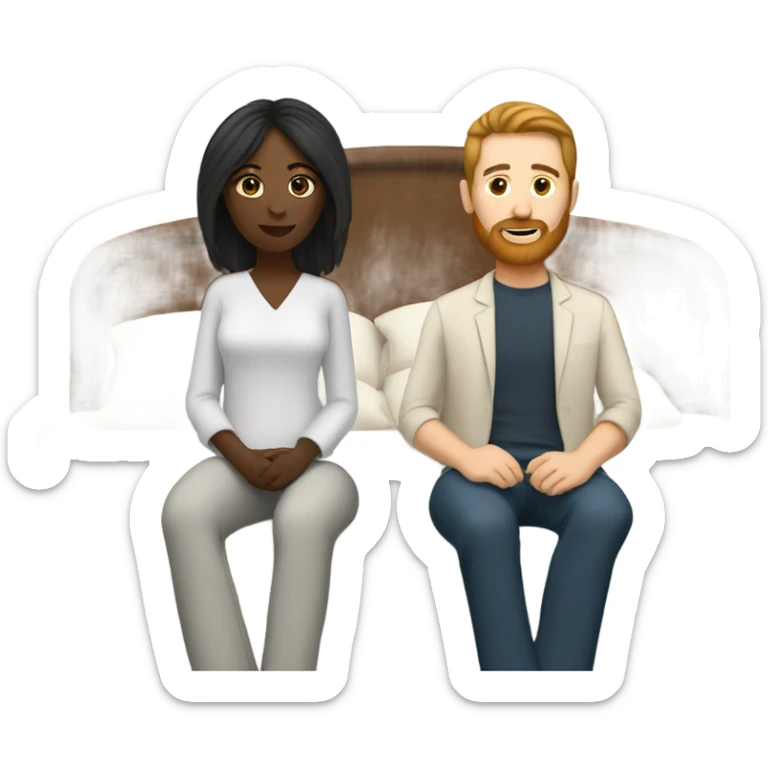Black woman with straight hair sitting in bed with white male with brown hair and beard  sticker