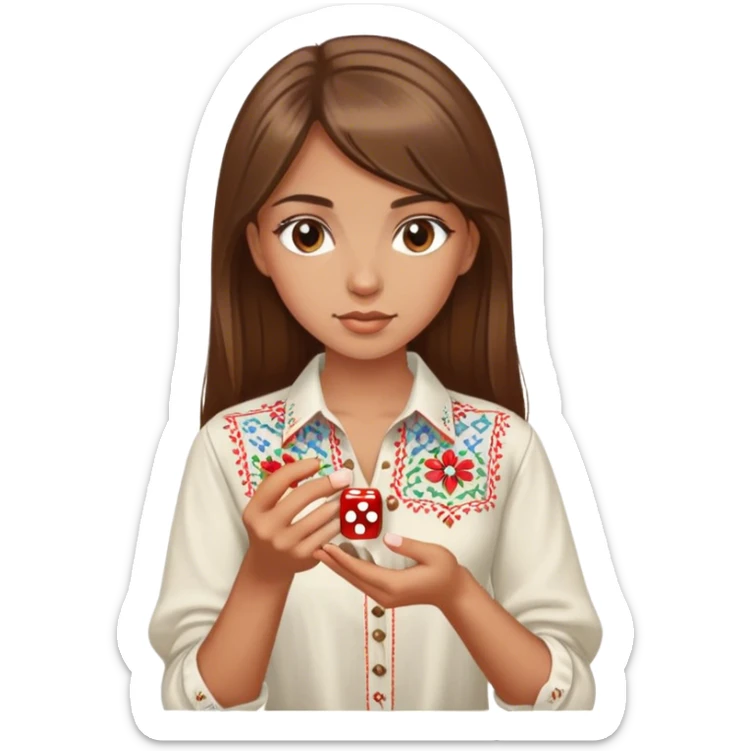 A Ukrainian girl with brown hair in an embroidered shirt holds a dice in her hand sticker