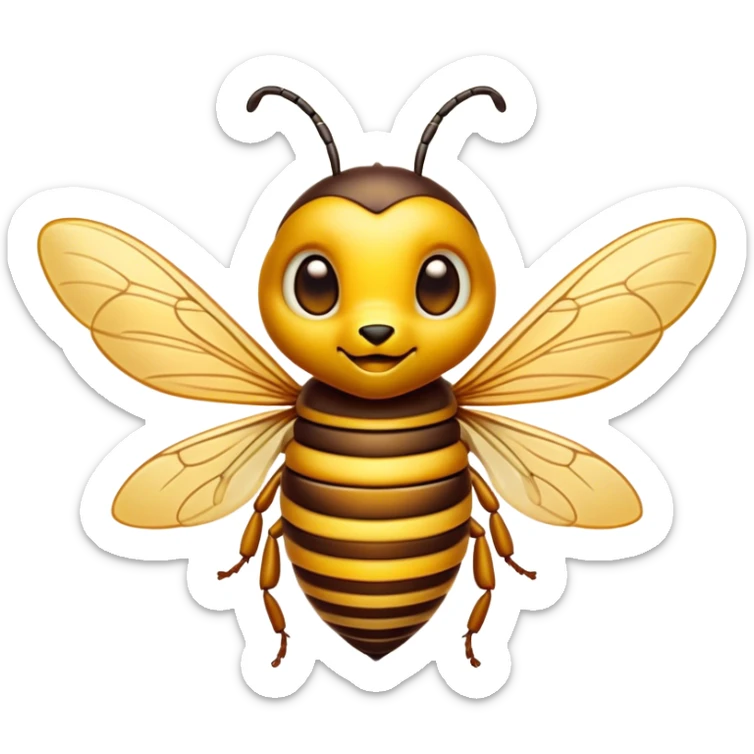 Cinematic Cute Hornet Portrait Emoji, Head tilted playfully and inquisitively, featuring a compact, delicately striped body with adorable, round eyes and subtly detailed wings, Simplified yet irresistibly adorable features, highly detailed, glowing with a warm, inviting glow, high shine, affectionate and lively, stylized with a touch of whimsical insect charm, soft glowing outline, capturing the essence of a mischievous yet endearing hornet that seems as if it could buzz out of the screen into your arms! sticker