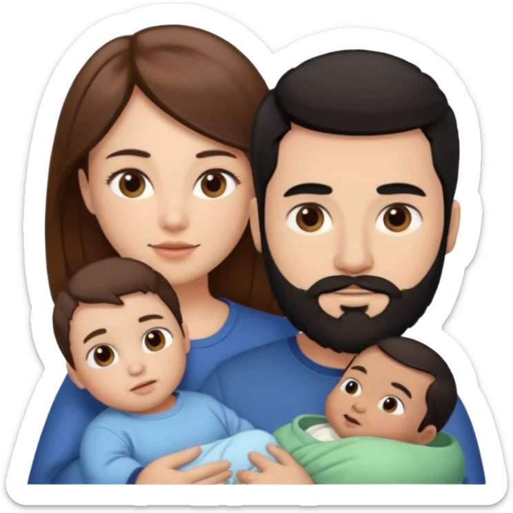 Una mujer con pelo castaño y ojos marrones y un hombre con pelo negro y barba y un bebe sticker