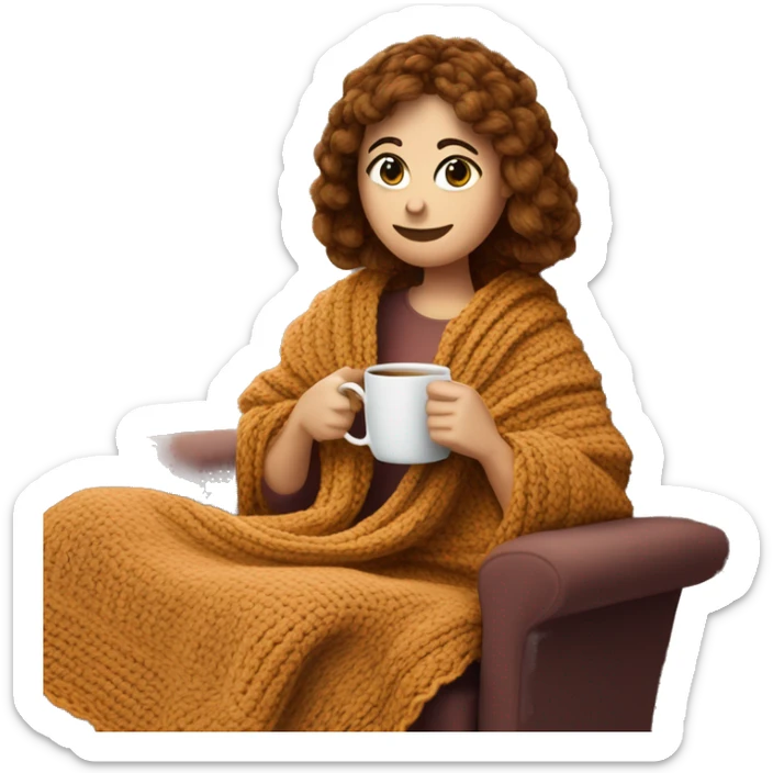 26 year old white woman with brown hair and curtain bangs. She is crocheting a garment. She is sat on a chair with a blanket that is in the color of cinnamon on herself. Near her there is a cup of tea. sticker