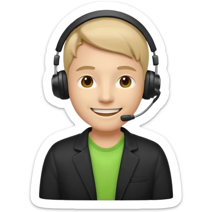 A modern flat emoji depicting a call center employee wearing a light green T-shirt and black jacket, with a headset, a friendly expression, a minimalist design, bright colors, and a white or transparent background. sticker