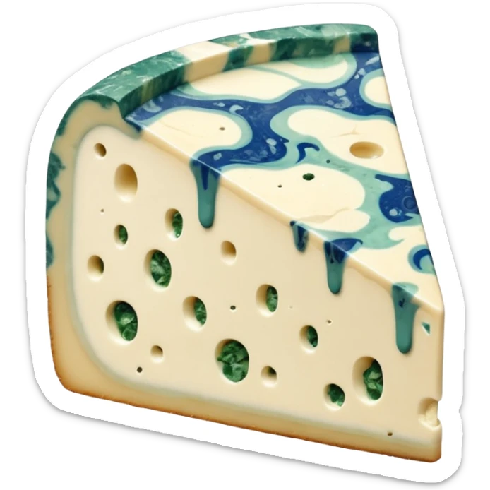 thick wedge of gorgonzola cheese with creamy off-white interior richly veined with blue-green mold, moist and slightly oozing near edges, natural beige rind, soft texture, irregular marbling, bold tangy character, apple emoji style, soft lighting, subtle shadows, transparent background, emoji scale sticker