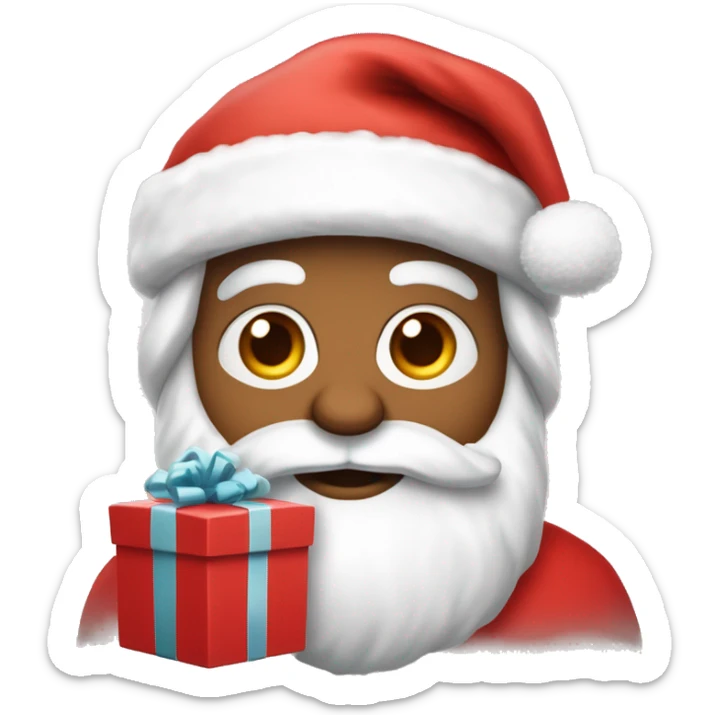 “An adorable full-body Santa in a red suit, fluffy white beard, rosy cheeks, big eyes, and a red hat with a white pom-pom, holding a small gift.” sticker