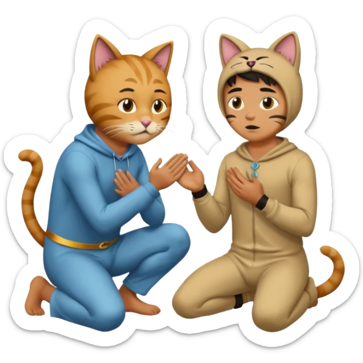 a man begging on his knees i front of another man wearing a cat costume  sticker
