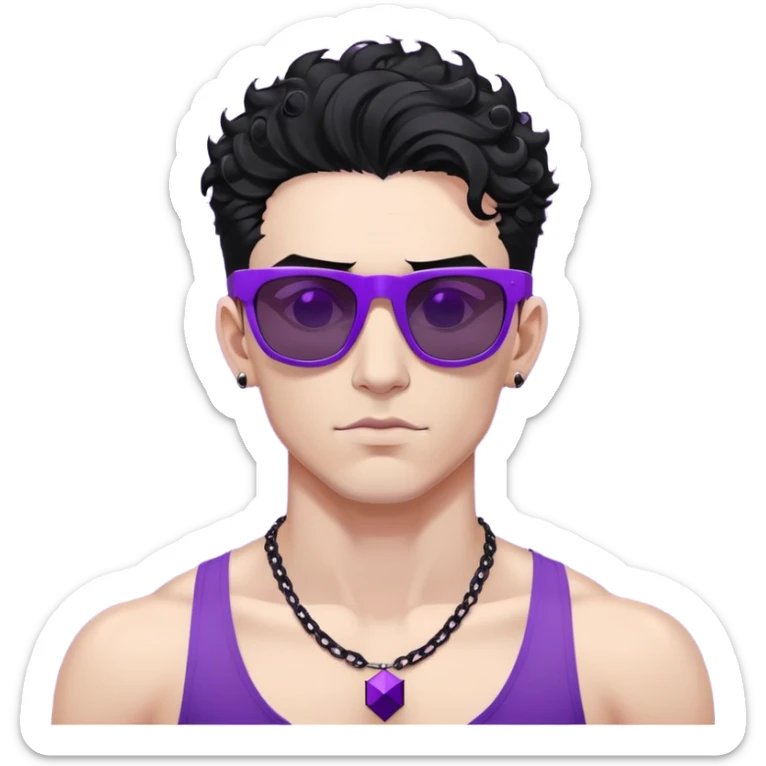 shirtless male athlete with white skin and moderately curly black hair on top with shaved sides, wearing sharp angular geometric purple sunglasses with very dark heavily tinted black lenses, and a simple plain black chain necklace, no earrings sticker