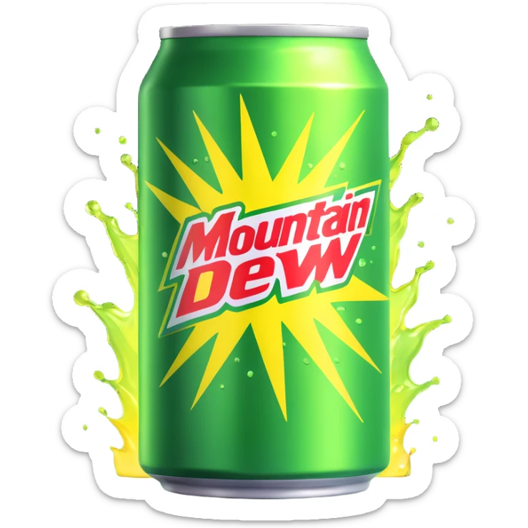 a can of Mountain Dew, vibrant and energetic, green and yellow colors, with sunshine rays bursting out when opened sticker
