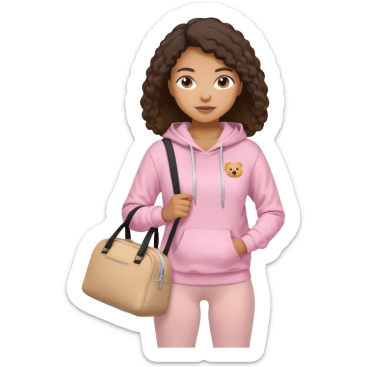 Mixed-race athletic woman with caramel skin, wearing baby pink hoodie and leggings, carrying a beige gym bag sticker