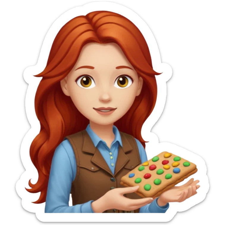 white girl scout with red long hair selling cookies with a brown vest sticker