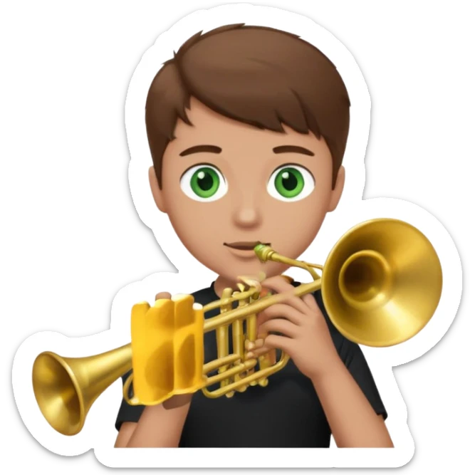 young man with brown hair that goes up, green eyes who plays a trumpet, black t shirt sticker