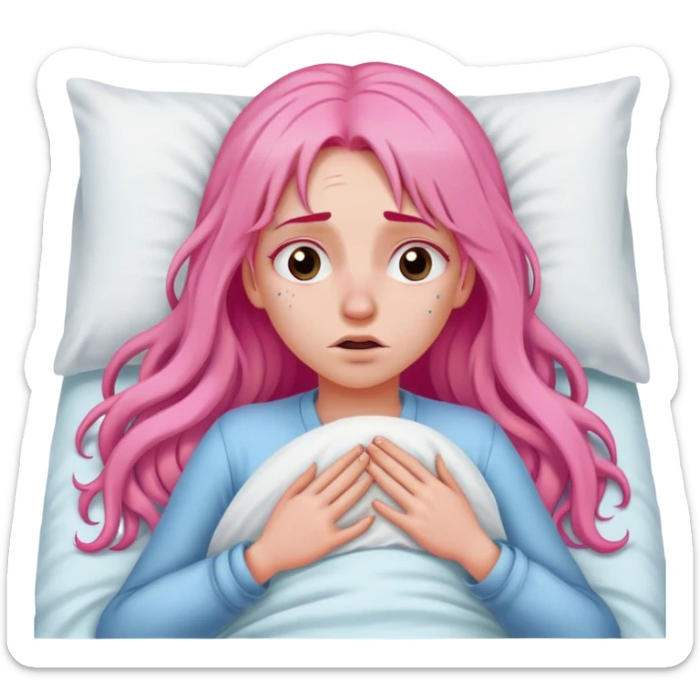 Young Woman with long pink hair In bed with sinus pain  sticker