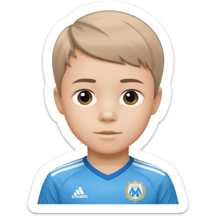 Un enfant qui a le coupe sur le coter et qui porte un maillot de marseille sticker