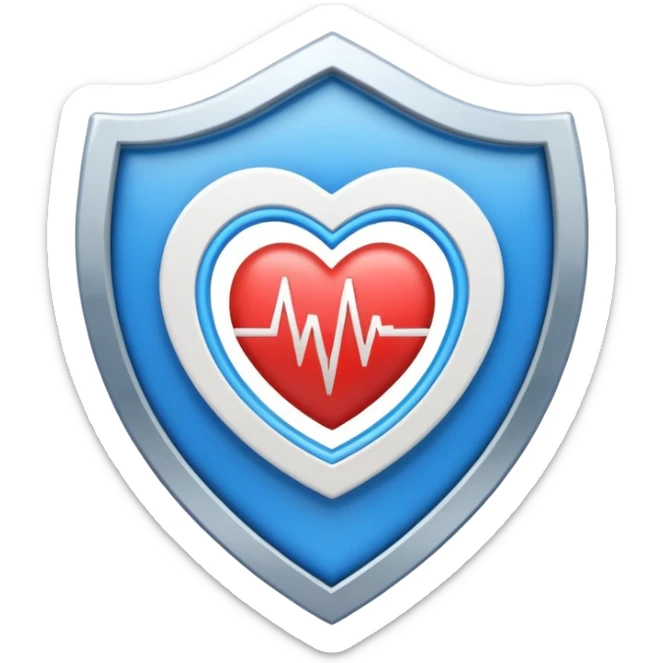 Health monitoring icon, heart inside shield, signal waves, emoji style, modern clinic branding sticker