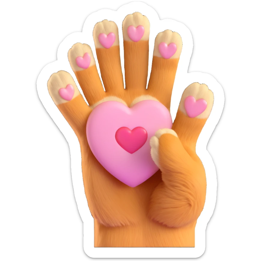 close-up of a single cat paw performing Korean finger heart gesture with two paw fingers forming heart shape, soft beige and light brown fur, gentle pastel tones, warm lighting, soft friendly cute style, minimal clean background sticker