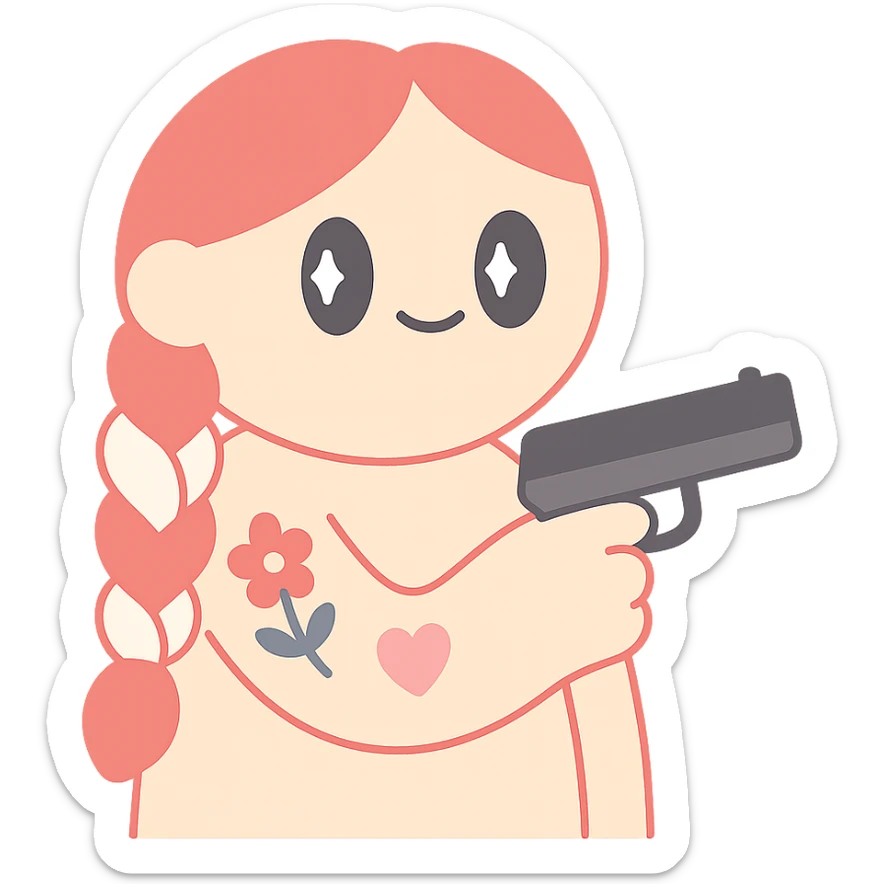A character with red and white braided hair, tattoos on her arms, holding a gun sticker